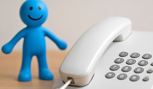 Blaues Plastikmännchen steht auf dem Schreibtisch neben einem Telefon