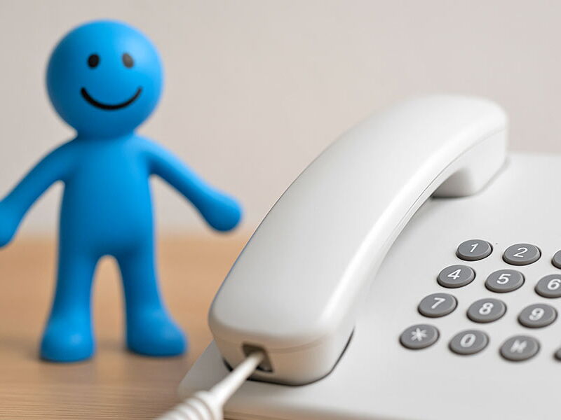 Blaues Plastikmännchen steht auf dem Schreibtisch neben einem Telefon