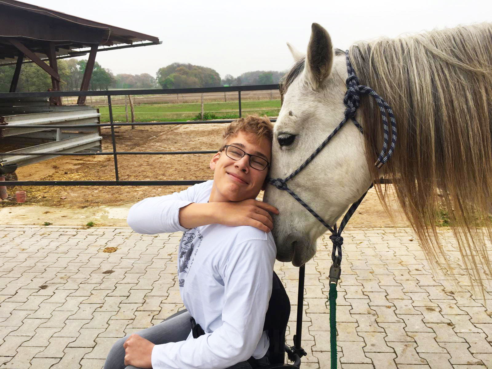Behindertes Kind im Rollstuhl kuschelt mit Pferd