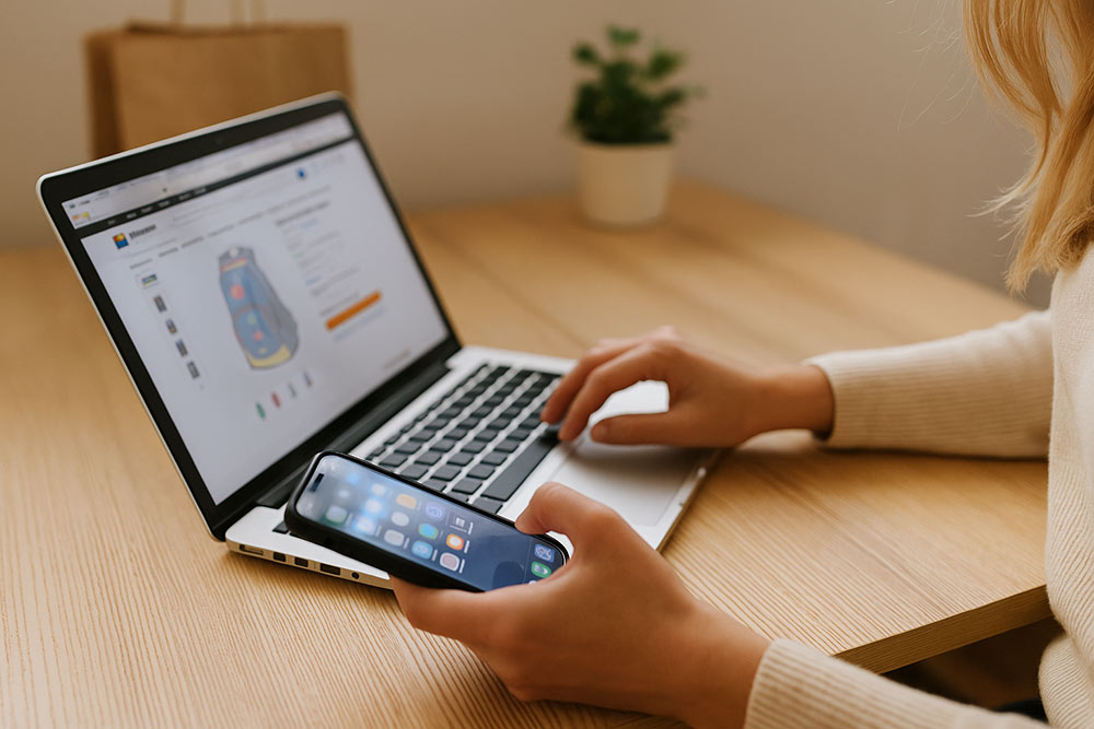 Frau sitzt am Schreibtisch mit Smartphone und Laptop