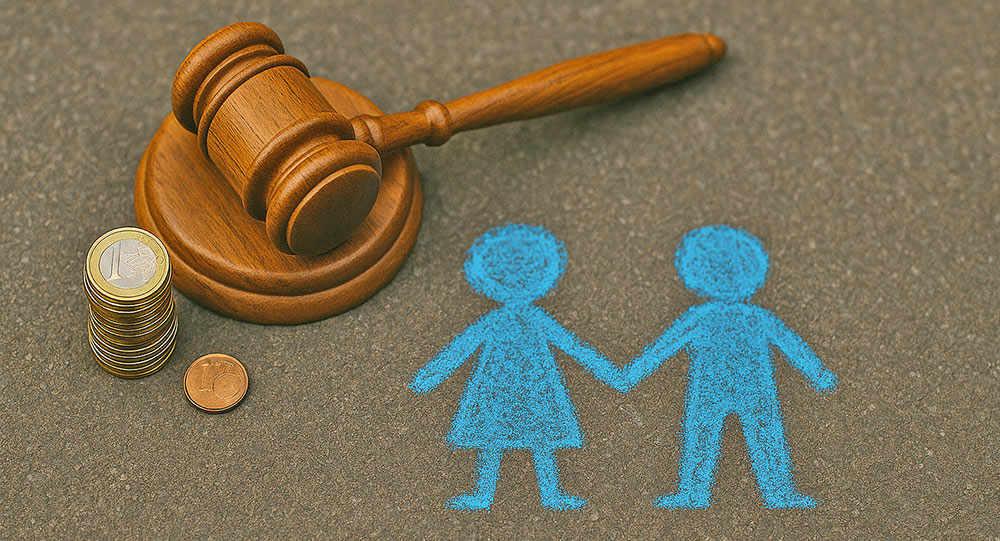 Geld neben Gerichtshammmer und mit Kreide gemalten Kinderfiguren