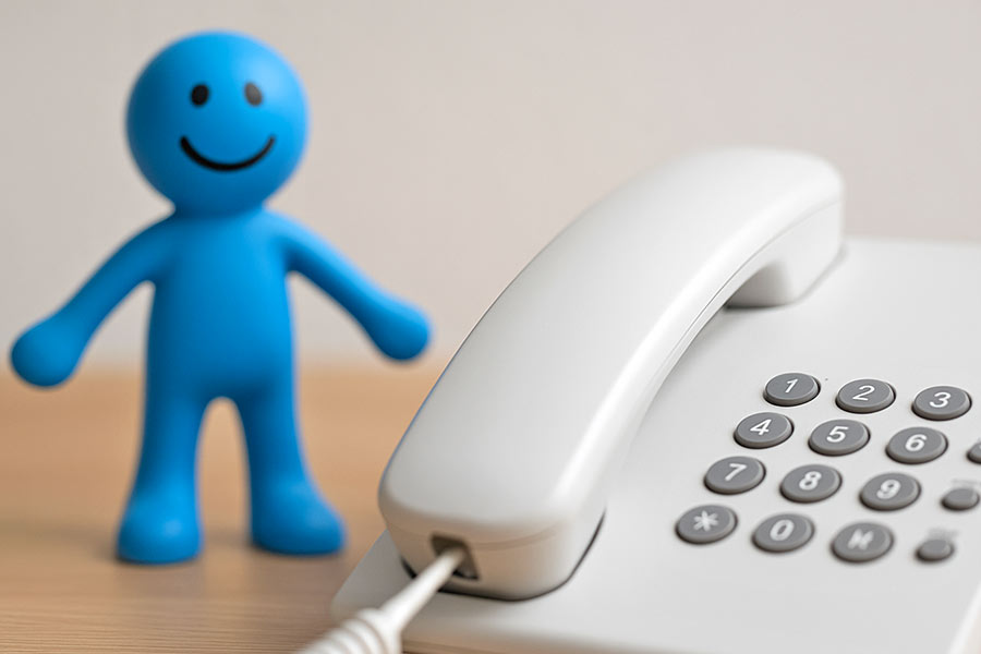 Blaues Plastikmännchen steht auf dem Schreibtisch neben einem Telefon