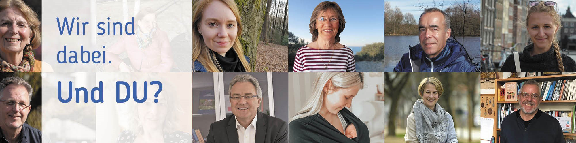 Banner "Wir sind dabei. Und du?" mit vielen Portraitfotos