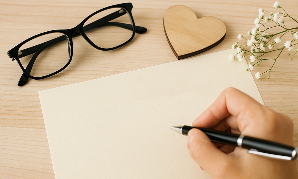 Hand mit Kugelschreiber über einem leeren Blatt Papier