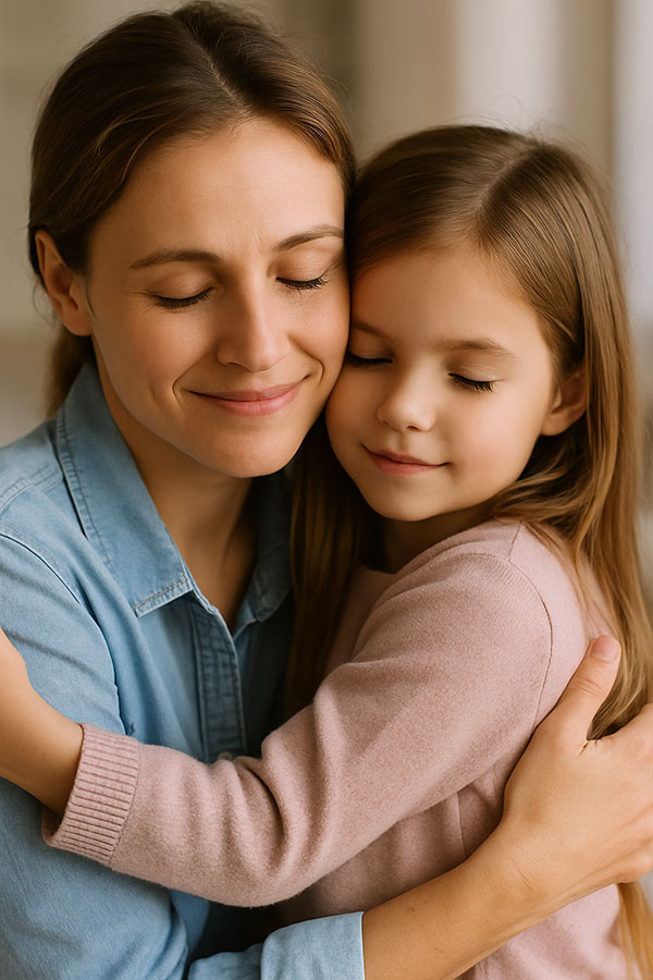 Frau und kleines Mädchen umarmen sich mit geschlossenen Augen