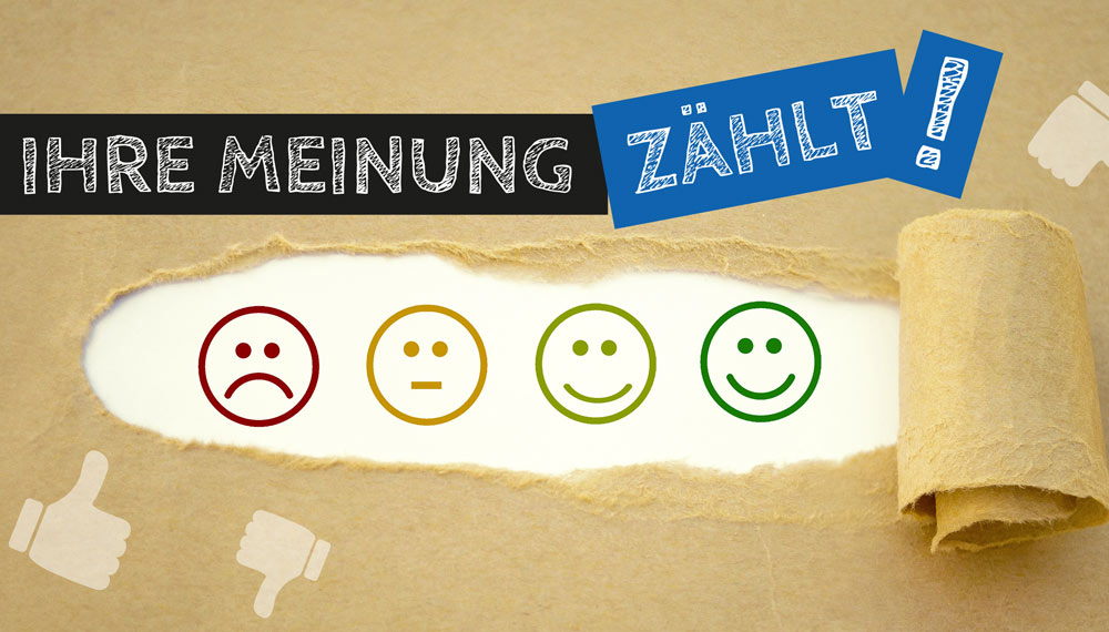 Postkarten-Motiv "Ihre Meinung zählt!" mit vier Smiley-Emojis (von traurig bis glücklich)